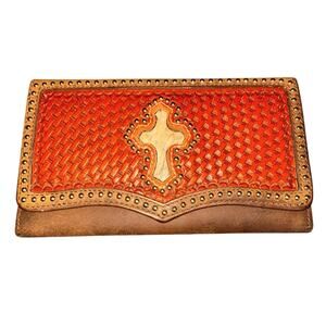 Western Leather Brown and Orange Woven Cross Accent Clutch